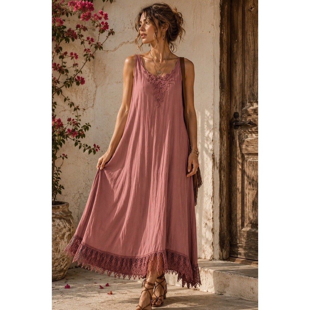 Zoe California Dusty Rose Lace Hem Sleeveless Midi Dress Boho Cottagecore USA
